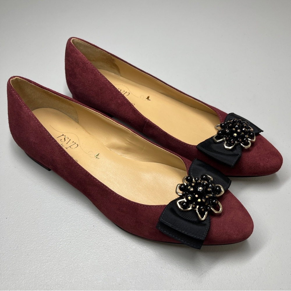 RSVP Talbots Women's Ballet Flats Bow Burgundy Suede Leather Pointed Toe 7 M